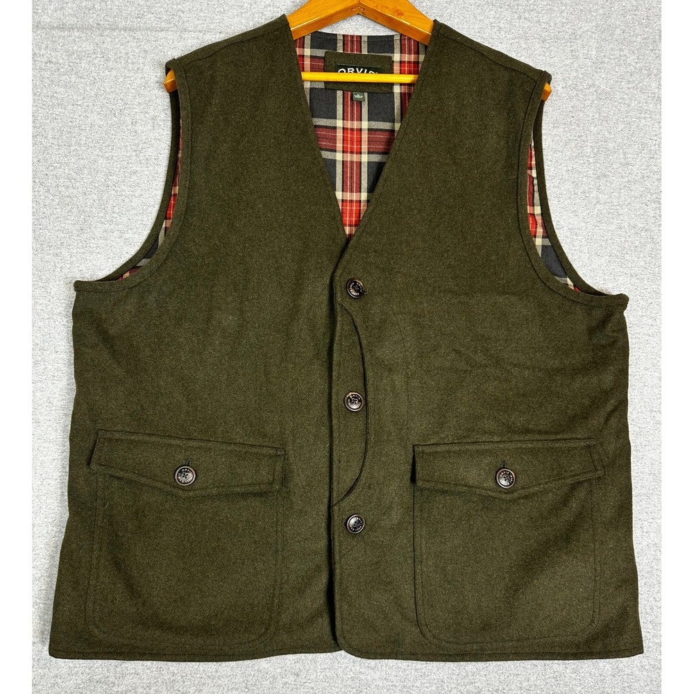 Orvis Felted Wool Shooting Vest Mens XL Olive Green Plaid Flannel Lined Field